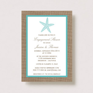 Turquoise Starfish Burlap Beach Engagement Shower Invitation