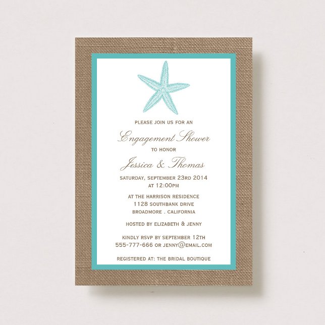 Turquoise Starfish Burlap Beach Engagement Shower Invitation (Creator Uploaded)