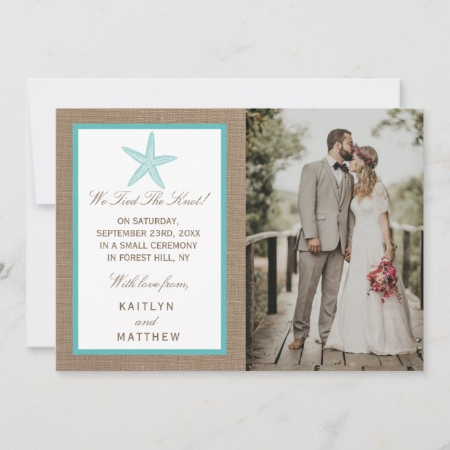 Turquoise Starfish Burlap Beach Wedding Collection Announcement (Front)