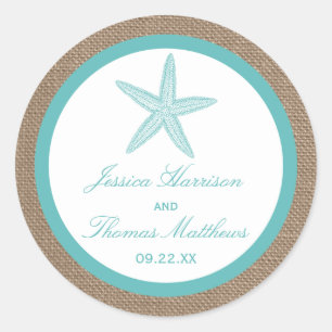 Turquoise Starfish Burlap Beach Wedding Collection Classic Round Sticker