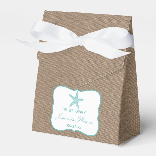 Turquoise Starfish Burlap Beach Wedding Collection Favor Box (Front Side)