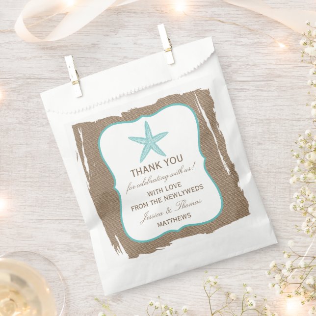 Turquoise Starfish Burlap Beach Wedding Collection Favour Bag (Clipped)