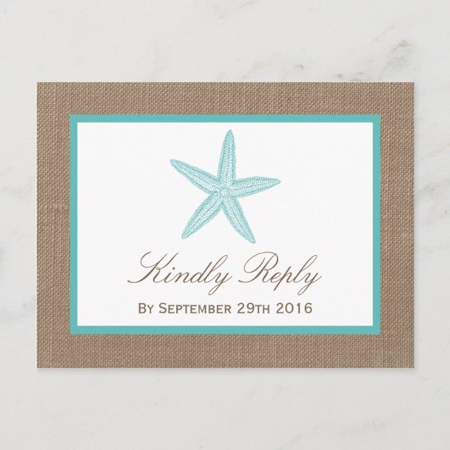 Turquoise Starfish Burlap Beach Wedding Collection Invitation Postcard (Front)