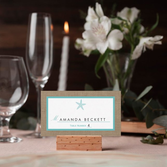 Turquoise Starfish Burlap Beach Wedding Collection Place Card (Creator Uploaded)