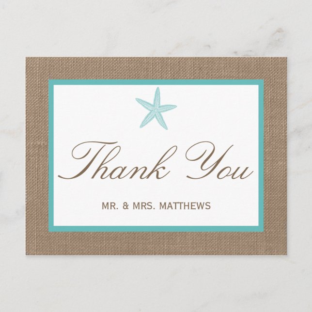 Turquoise Starfish Burlap Beach Wedding Collection Postcard (Front)