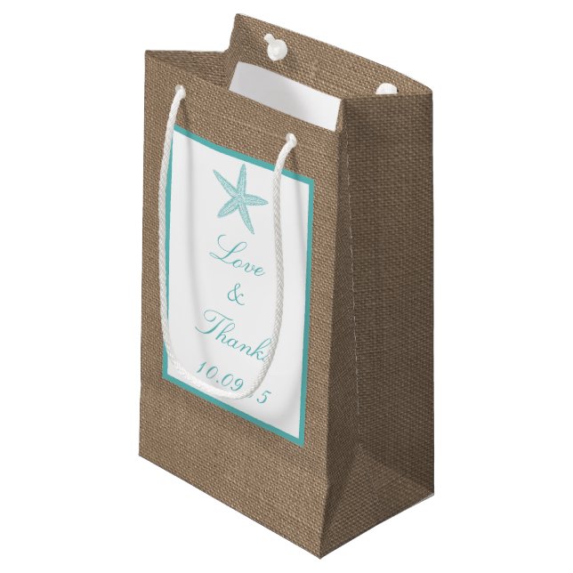Turquoise Starfish Burlap Beach Wedding Collection Small Gift Bag (Front Angled)