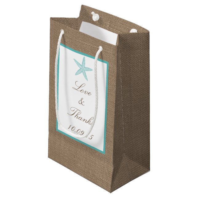 Turquoise Starfish Burlap Beach Wedding Collection Small Gift Bag (Front Angled)