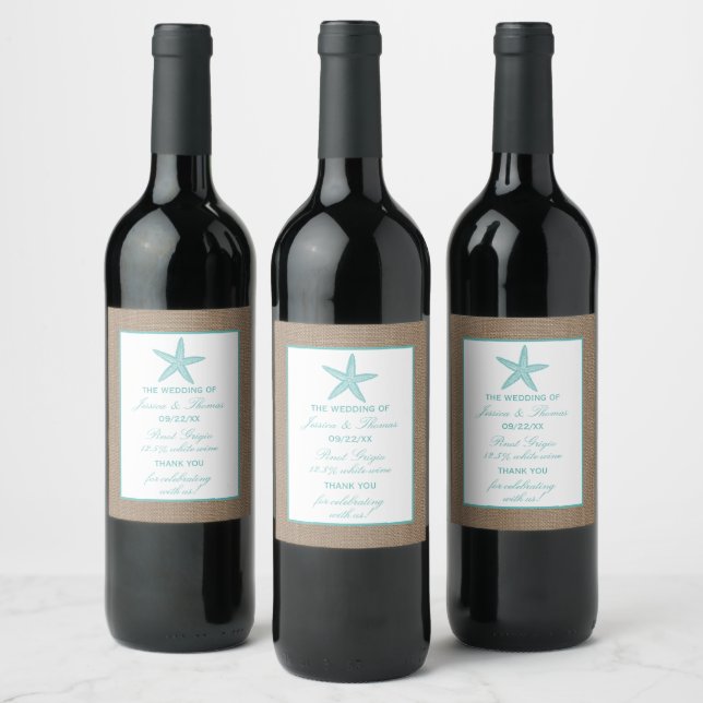 Turquoise Starfish Burlap Beach Wedding Collection Wine Label (Bottles)