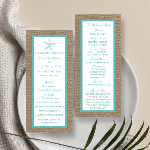 Turquoise Starfish Burlap Beach Wedding Program