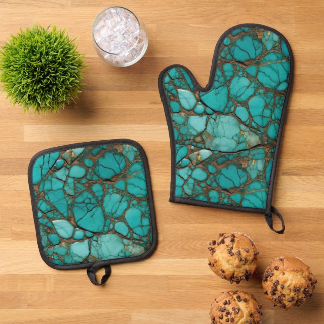 Turquoise Stones  Oven Mitt & Pot Holder Set (Top Down)