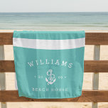 Turquoise Stripe Personalized Beach House Beach Towel<br><div class="desc">Add a unique custom touch to your beach house with our personalized beach towels. Design features classic nautical stripes in turquoise and white with your family name,  "beach house" and year established flanking a white nautical rope and anchor illustration.</div>