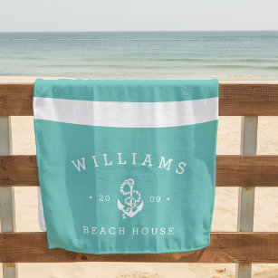 Turquoise Stripe Personalized Beach House Beach Towel