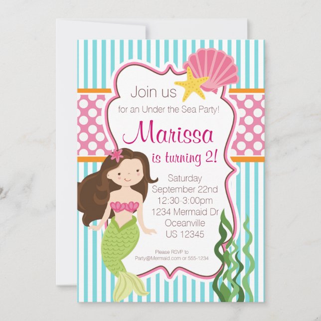 Turquoise Stripe, Pink Polka Dot Brunette Mermaid Invitation (Front)