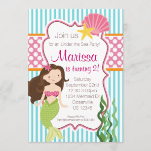 Turquoise Stripe, Pink Polka Dot Brunette Mermaid Invitation