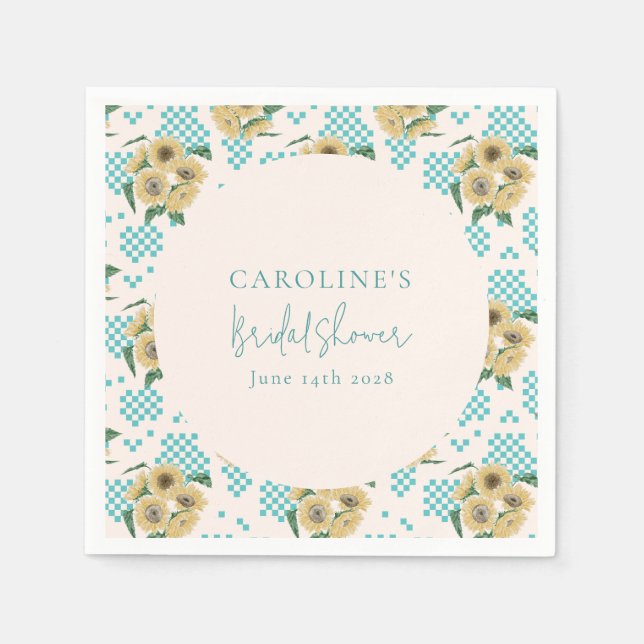 Turquoise Sunflower Chequerboard Bridal Shower  Napkin (Front)