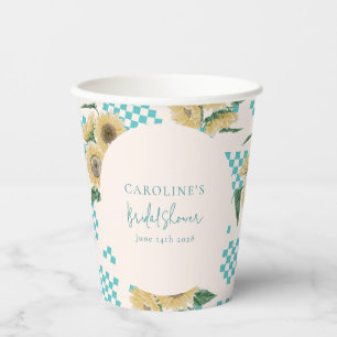Turquoise Sunflower Chequerboard Bridal Shower  Paper Cups