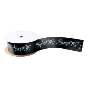  Turquoise Sweet 16 Birthday Sparkles on Black  Satin Ribbon