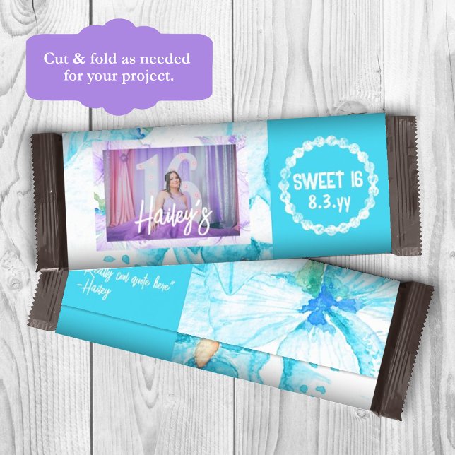 Turquoise Sweet 16 Personalized Candy Bar Wrapper (teal-blue sweet 16 personalized chocolate candy bar wrapper, birthday photo and name custom label)