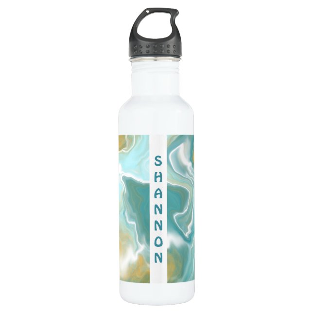 Turquoise, Tan Fluid Art Marble Personalized 710 Ml Water Bottle (Front)