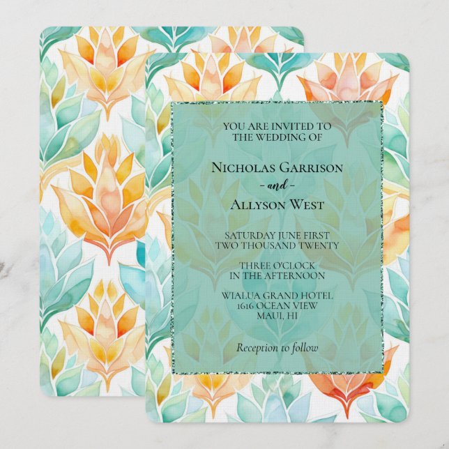 Turquoise Tangerine Abstract Floral Wedding Invitation (Front/Back)