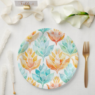 Turquoise Tangerine Abstract Floral Wedding Paper Plate