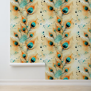 Turquoise Tangerine Aqua Orange Peacock Feathers Wallpaper
