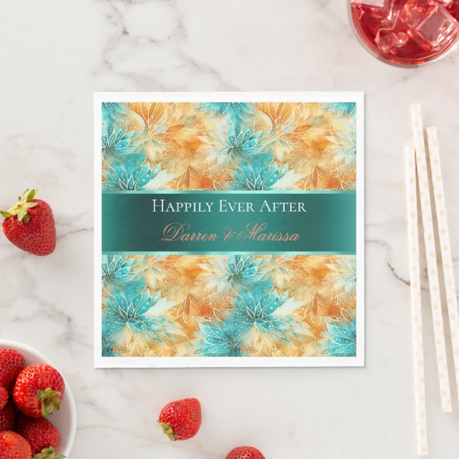 Turquoise Tangerine Flowers Wedding Napkin (Insitu)