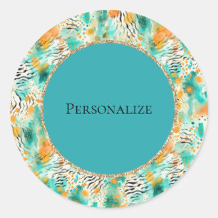 Turquoise Tangerine Zebra Abstract Classic Round Sticker