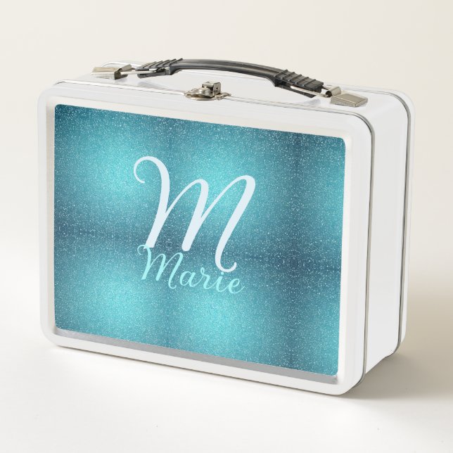 Turquoise teal agate aqua monogram add letter text metal lunch box (Front)