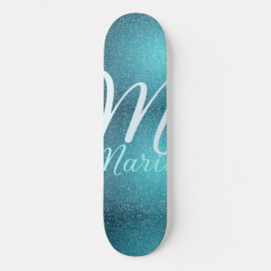 Turquoise teal agate aqua monogram add letter text skateboard