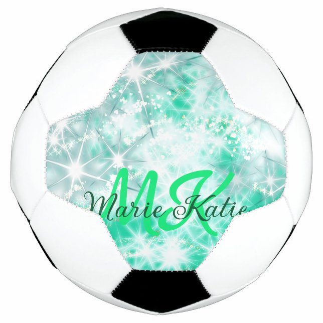 Turquoise teal agate aqua monogram add letter text soccer ball (Front)