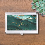 Turquoise Teal Agate Geode Monogram Gold Script Business Card Holder<br><div class="desc">Modern, stylish professional business card holder featuring turquoise, teal agate and faux gold glitter veins and accents personalized with fancy calligraphy script monogram initials. ASSISTANCE: For help with design modification or personalization, colour change, transferring the design to another product or you would like coordinating items, contact the designer BEFORE ORDERING...</div>