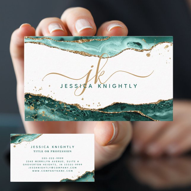  Turquoise Teal Agate Gold Glitter Monogram Script Business Card (Creator Uploaded)