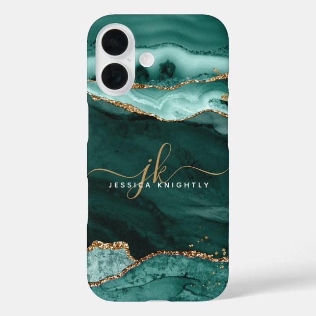  Turquoise Teal Agate Gold Glitter Script Monogram Case-Mate iPhone Case (Back)