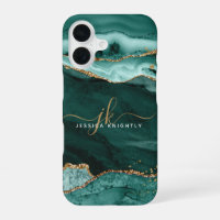 Turquoise Teal Agate Gold Glitter Script Monogram