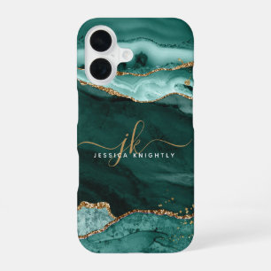  Turquoise Teal Agate Gold Glitter Script Monogram iPhone 16 Case