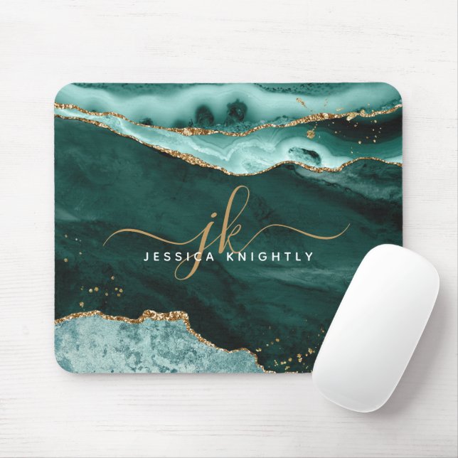 Turquoise Teal Agate Gold Glitter Script Monogram Mouse Pad (With Mouse)