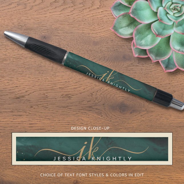 Turquoise Teal Agate Gold Glitter Script Monogram Pen (Creator Uploaded)