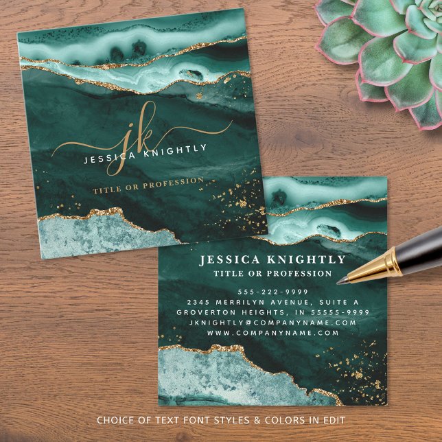 Turquoise Teal Agate Gold Glitter Script Monogram Square Business Card (Creator Uploaded)