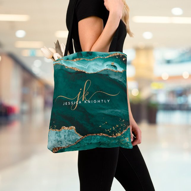 Turquoise Teal Agate Gold Glitter Script Monogram Tote Bag (Creator Uploaded)