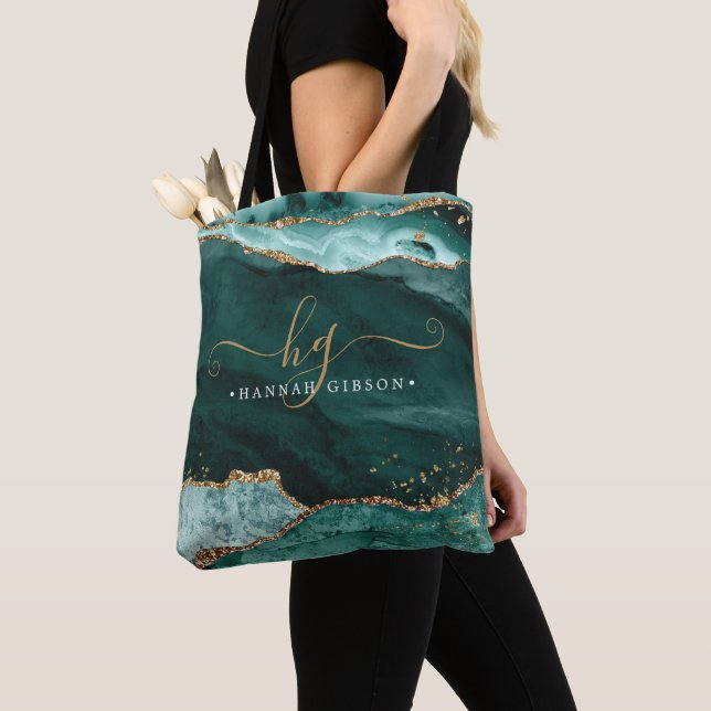 Turquoise Teal Agate Monogram Gold Glitter Tote Bag (Close Up)