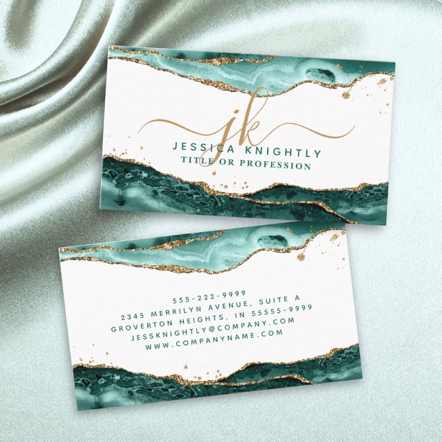 Turquoise Teal Agate Script Monogram Gold Glitter Business Card (Creator Uploaded)