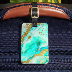 Turquoise Teal Alcohol Ink Faux Gold Custom Luggage Tag