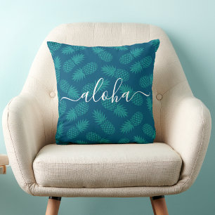 Turquoise Teal Aloha Script Pineapple Pattern Bold Throw Pillow