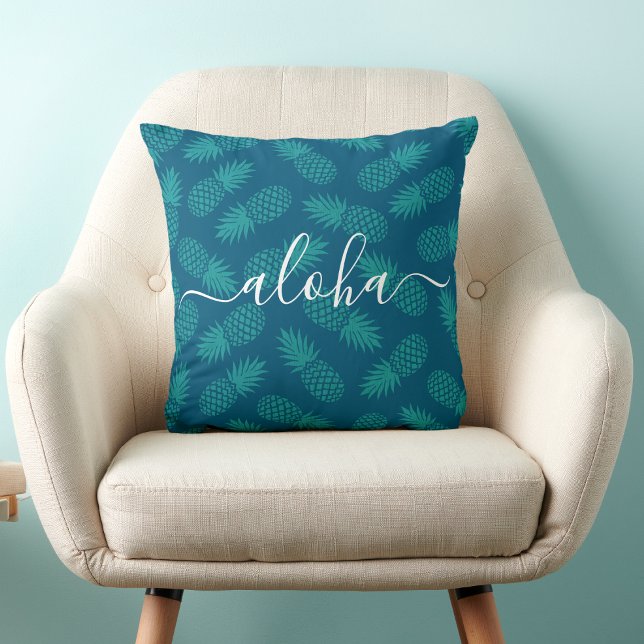 Turquoise Teal Aloha Script Pineapple Pattern Bold Throw Pillow (Creator Uploaded)