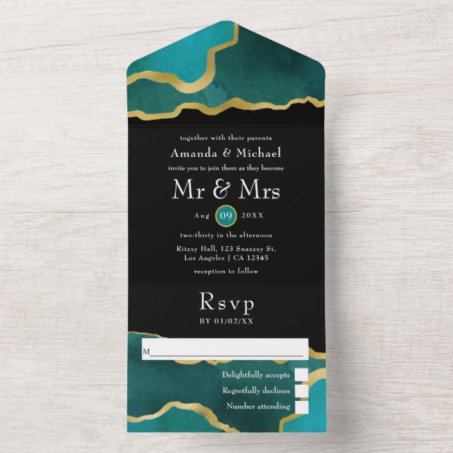 Turquoise - Teal and Gold Agate Wedding All In One All In One Invitation (Inside)