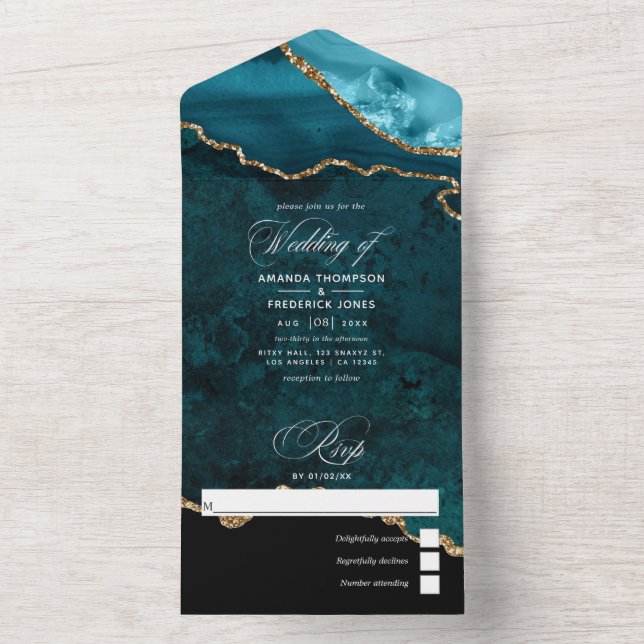 Turquoise - Teal and Gold Agate Wedding All In One All In One Invitation (Inside)
