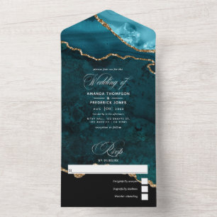 Turquoise - Teal and Gold Agate Wedding All In One Invitation