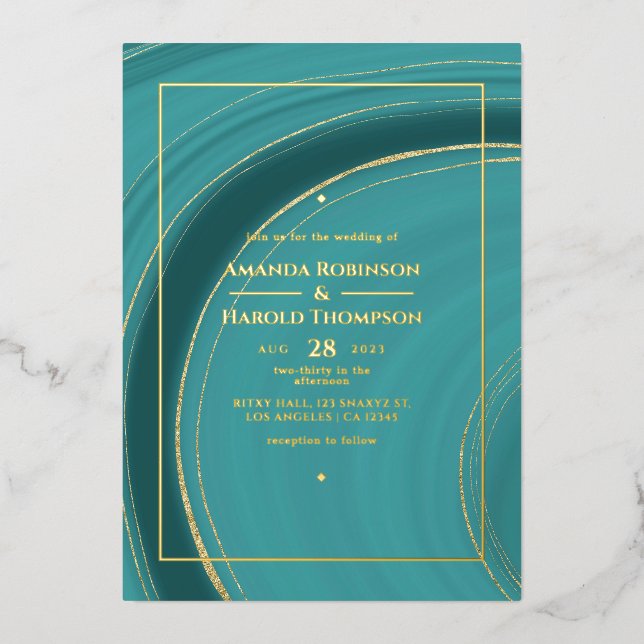 Turquoise - Teal and Gold Agate Wedding Foil Invit (Front)
