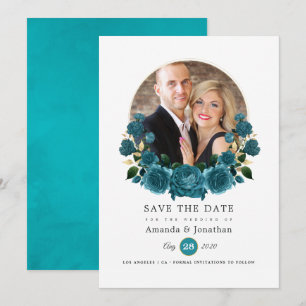 Turquoise - Teal and Gold Floral Wedding Photo Save The Date